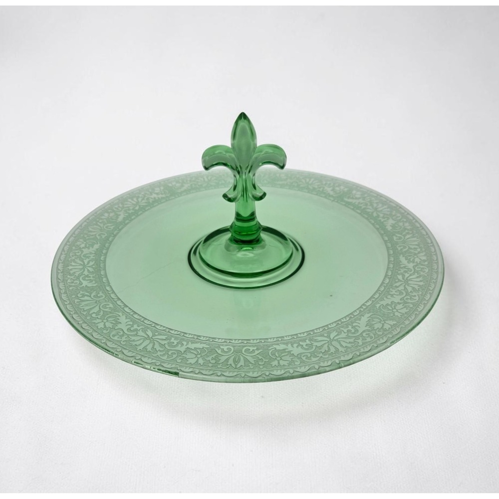 Vintage Fostoria Uranium Glass Fleur De Lis Etched Serving Tray Tidbit Plate